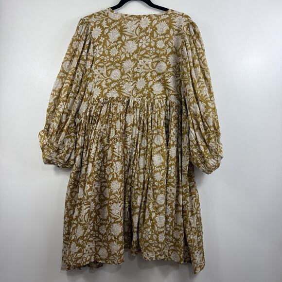Daughters Of India Kyra Mini Dress XL Olive Floral Balloon Sleeve Boho Indie - Picture 16 of 16